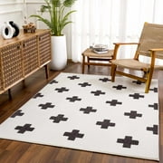 Hauteloom Erath Soft High Pile Living Room Bedroom Area Rug - Swiss Cross Bohemian Farmhouse Carpet - Black White - 6'7" x 9'6"
