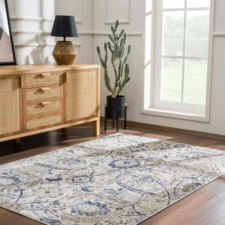 Hauteloom Erbacon Boho Vintage Traditional Damask Area Rug - Farmhouse Traditional Floral Medallion Carpet for Living Room - Grey, Beige, Light Brown, Cream, Navy, Blue - 2' x 2'11" price history and forecast - Hauteloom ERB-2211