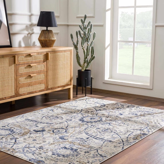 Hauteloom Erbacon Rustic Farmhouse Living Room Bedroom Dining Room Large Area Rug - Style - Traditional Floral Look - Grey, Beige, Light Brown, Cream, Navy, Blue - 8'10" x 12'