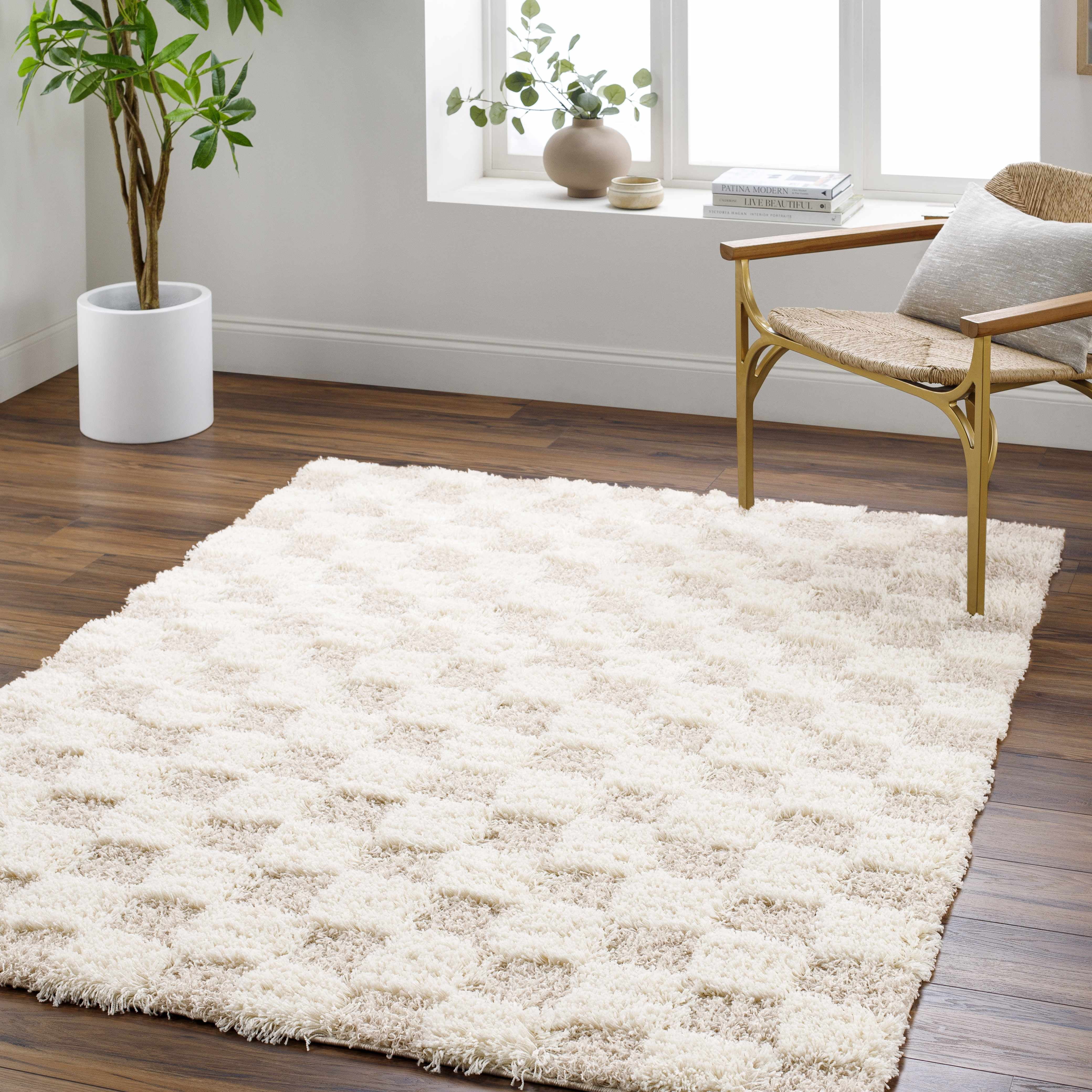 Hauteloom Etiler Checkered Shag Area Rug - Checkboard Design - High Pile Fluffy Shaggy Touch - Square Tiles - Kids Room, Nursery, Living Room Shaggy Carpet - Beige, Cream, White - 7'10" x 10'3"