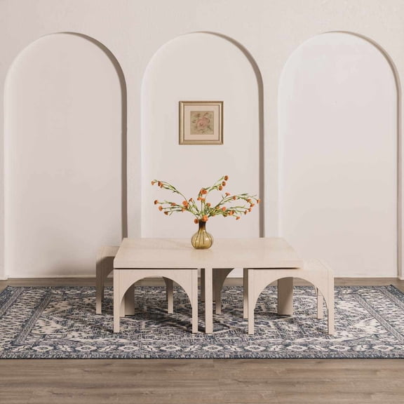 Hauteloom Etoii Living Room, Bedroom Patio Outdoor Area Rug - Medallion Border Floral - Traditional Oriental Transitional - Navy, White, Gray - 7'10" x 10'2"