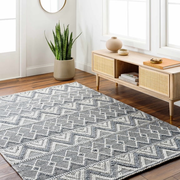 Hauteloom Evita Recycled Material Living Room, Bedroom Area Rug - Bohemian, Transitional - Gray, White, Charcoal - 6' x 9'