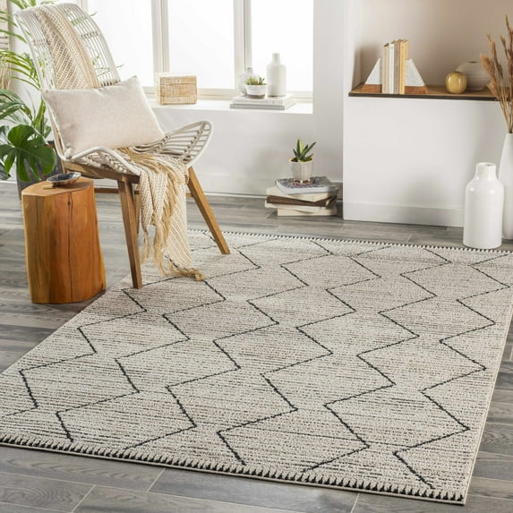 Hauteloom Evsa Living Room, Bedroom Area Rug - Contemporary - High Pile - Black, Cream - 5'3" x 7'
