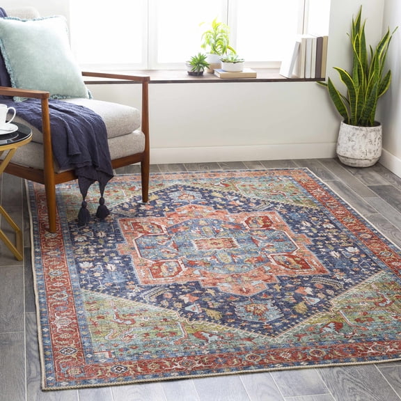 Hauteloom Exira Living Room, Bedroom Machine Washable Area Rug - Traditional - Blue, Brick Red, Camel - 7'10" x 10'2"