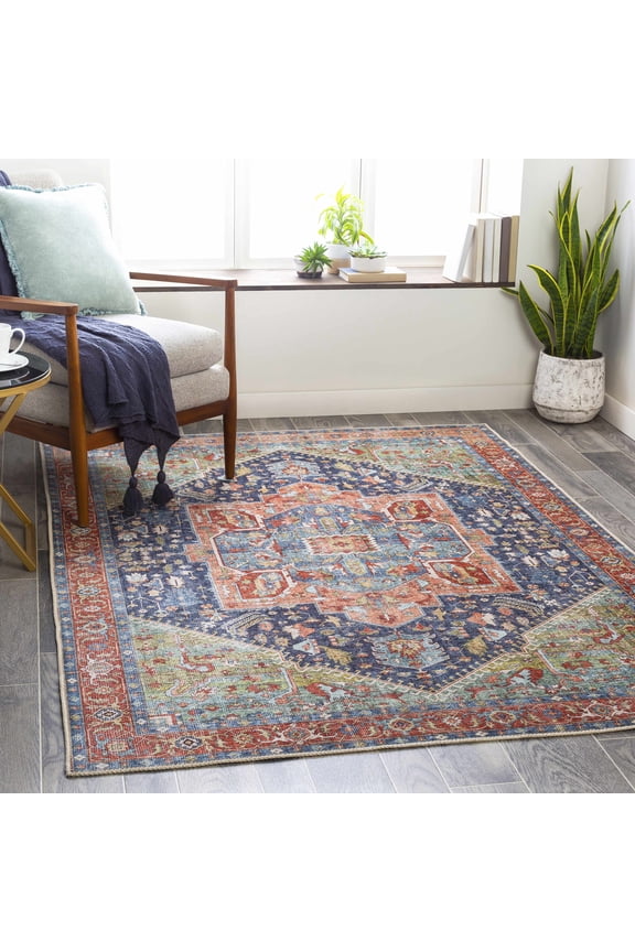 Exira Living Room, Bedroom Machine Washable Area Rug - Traditional - Blue, Brick Red, Camel - 7'10" x 10'2"
