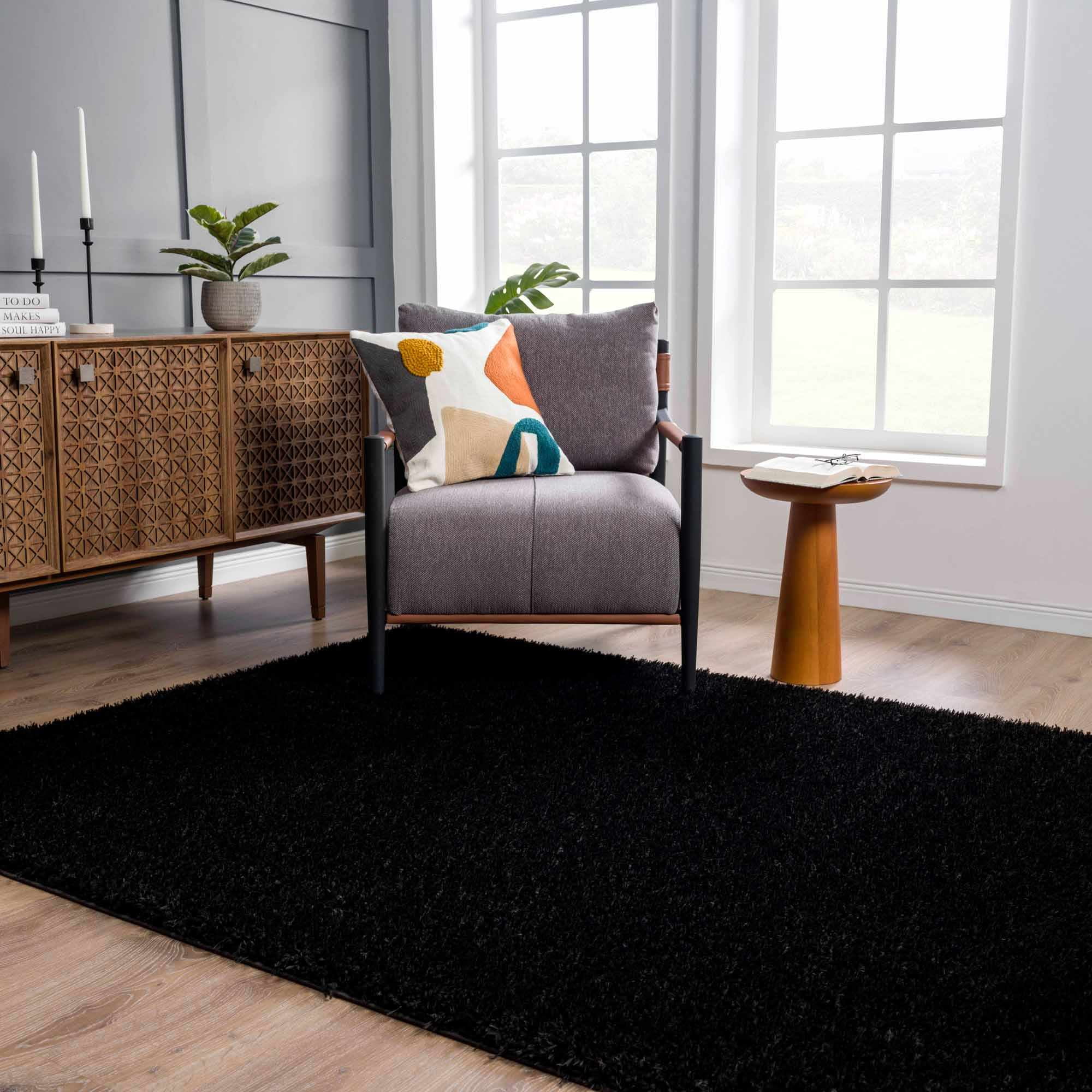 Hauteloom Faina Living Room, Bedroom Machine Washable Area Rug - Farmhouse - Plush Pile - Black - 8'10" x 12'
