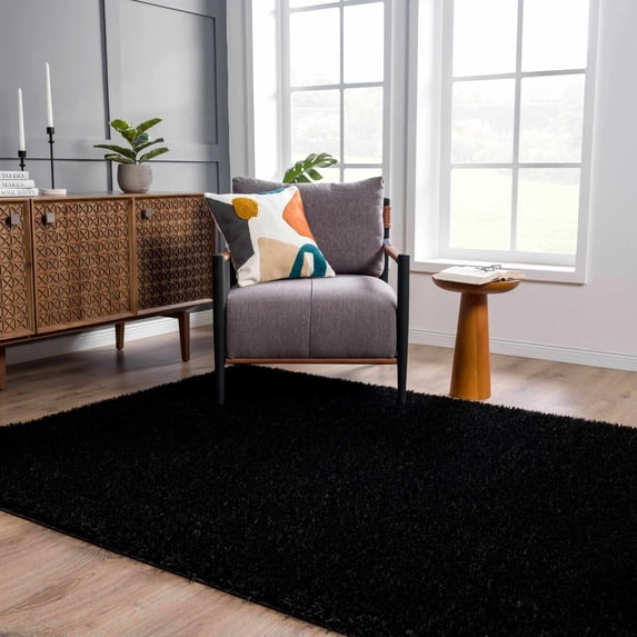 Hauteloom Faina Machine Washable Solid Shag Rug - Plain Living Room Bedroom Shaggy Area Rug - Fluffy Plush High Pile Carpet - Black - 7'10" x 10'