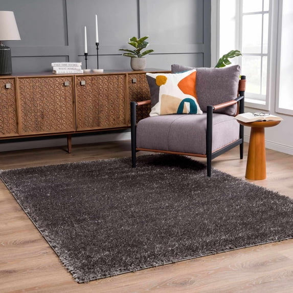 Hauteloom Faina Machine Washable Solid Shag Rug - Plain Living Room Bedroom Shaggy Area Rug - Fluffy Plush High Pile Carpet - Dark Grey, Gray - 4' x 5'7"
