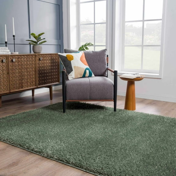 Hauteloom Faina Machine Washable Solid Shag Rug - Plain Living Room Bedroom Shaggy Area Rug - Fluffy Plush High Pile Carpet - Green - 5'3" x 7'