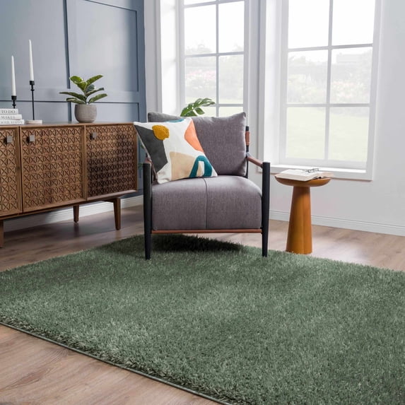 Hauteloom Faina Machine Washable Solid Shag Rug - Plain Living Room Bedroom Shaggy Area Rug - Fluffy Plush High Pile Carpet - Green - 9'3" x 12'