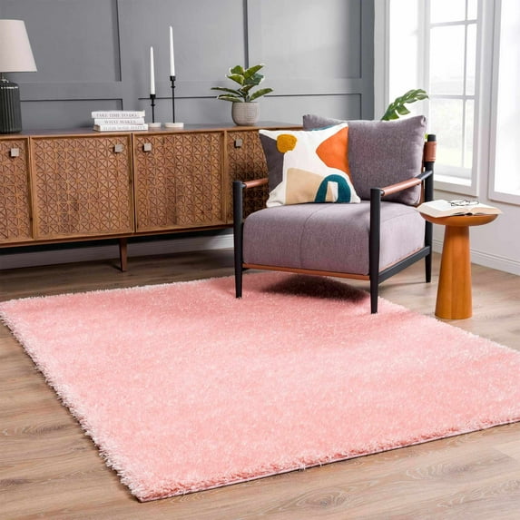 Hauteloom Faina Machine Washable Solid Shag Rug - Plain Living Room Bedroom Shaggy Area Rug - Fluffy Plush High Pile Carpet - Pink - 6'7" x 9'