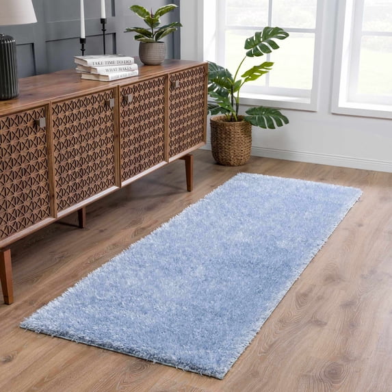 Hauteloom Faina Machine Washable Solid Shag Runner Rug - Plain Living Room Bedroom Shaggy Long Runner Rug - Fluffy Plush High Pile Carpet - Aqua, Blue - 2'7" x 7'3"