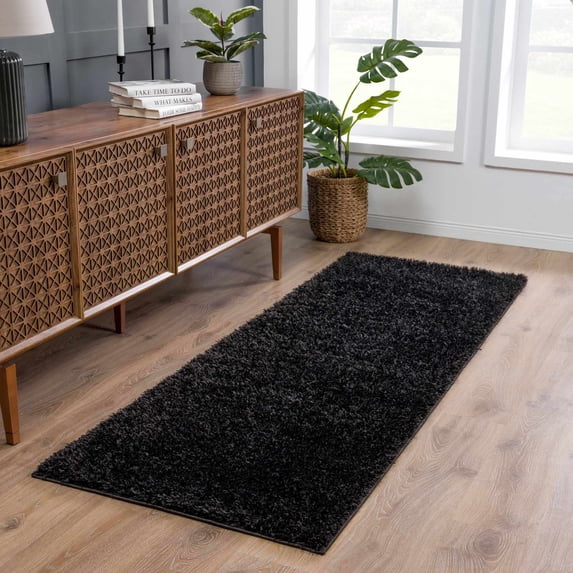 Hauteloom Faina Machine Washable Solid Shag Runner Rug - Plain Living Room Bedroom Shaggy Long Runner Rug - Fluffy Plush High Pile Carpet - Black - 2'7" x 7'3"