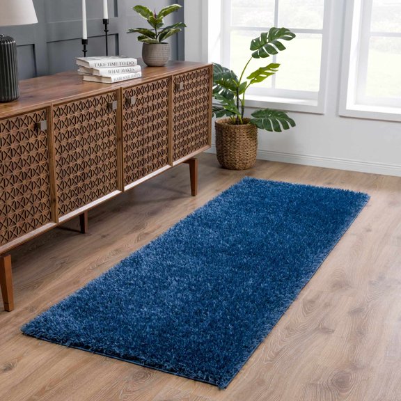 Hauteloom Faina Machine Washable Solid Shag Runner Rug - Plain Living Room Bedroom Shaggy Long Runner Rug - Fluffy Plush High Pile Carpet - Dark Blue - 2'7" x 7'3"
