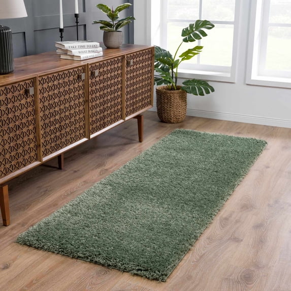 Hauteloom Faina Machine Washable Solid Shag Runner Rug - Plain Living Room Bedroom Shaggy Long Runner Rug - Fluffy Plush High Pile Carpet - Green - 2'7" x 7'3"