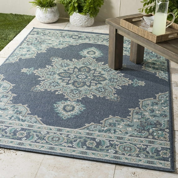 Hauteloom Ferron Living Room, Bedroom Patio Outdoor Area Rug - Traditional - Navy, Pale Blue, Taupe - 2'5" x 4'5"