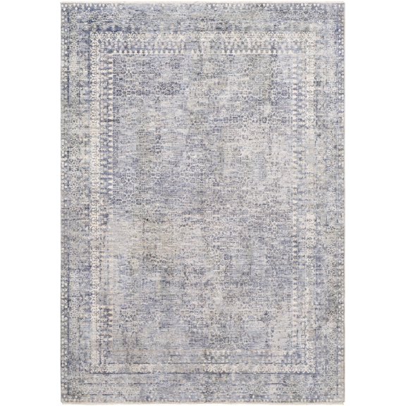 Hauteloom Cuxis Living Room, Bedroom Area Rug - Abstract Distressed Border - Traditional Oriental Transitional - Blue, Gray, Cream - 2' x 3'3"