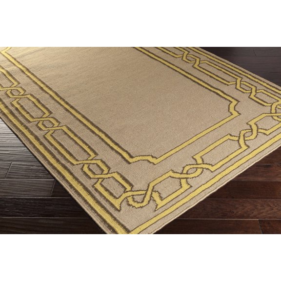 Hauteloom Natij Wool Living Room, Bedroom Area Rug - Border Geometric Greek - Contemporary Traditional Transitional - Beige, Olive, Tan - 2' x 3'