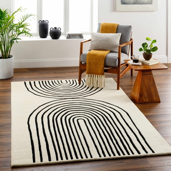 Hauteloom Fuat Wool Living Room, Bedroom Area Rug - Contemporary - Bone, Onyx Black, Gray - 8' x 10'