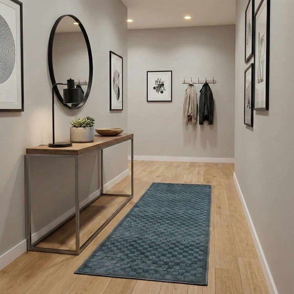 Hauteloom Gaiwan Hallway, Kitchen Machine Washable Runner Rug - Square Piles, Checkered - Petrol Blue, Light Black - 2'7" x 7'3"