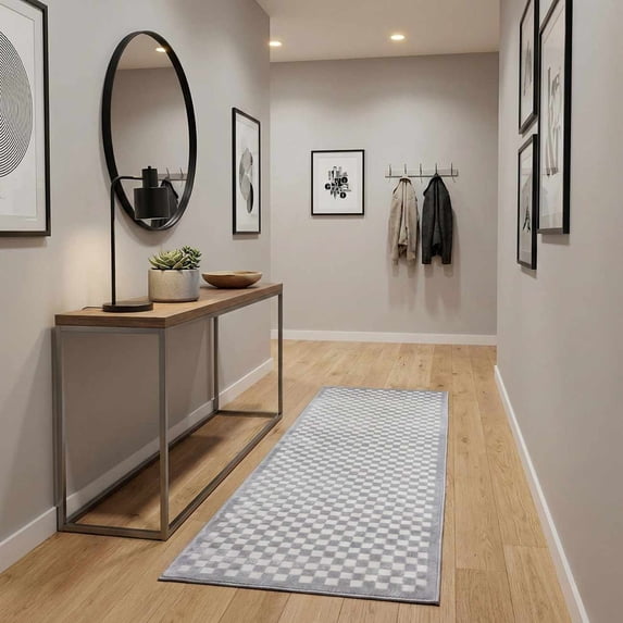 Hauteloom Gaiwan Hallway, Kitchen Machine Washable Runner Rug - Square Piles, Checkered - White, Light Gray - 2'7" x 7'3"