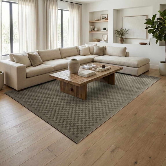 Hauteloom Gaiwan Living Room, Bedroom Machine Washable Area Rug - Square Piles, Checkered - Gray Green, Moss Green - 6'7" x 9'