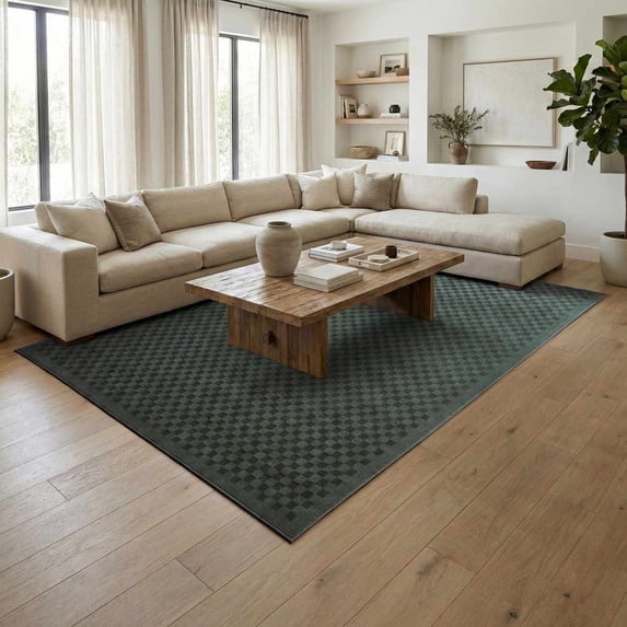 Hauteloom Gaiwan Living Room, Bedroom Machine Washable Area Rug - Square Piles, Checkered - Petrol Blue, Light Black - 5'3" x 7'