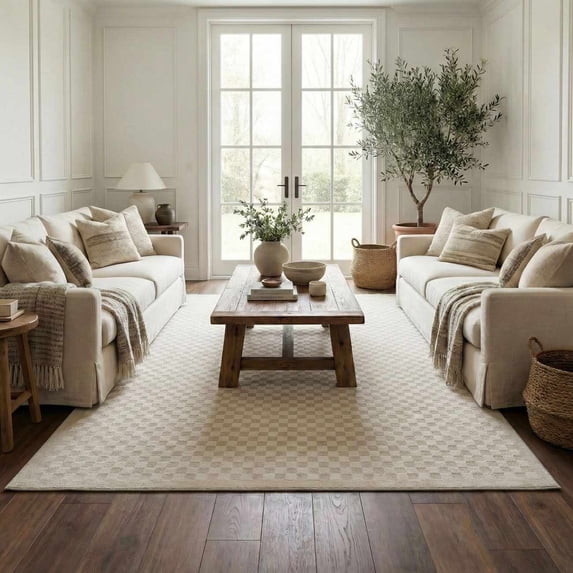 Hauteloom Gaiwan Living Room, Bedroom Machine Washable Area Rug - Square Piles, Checkered - White, Cream - 5'3" x 7'