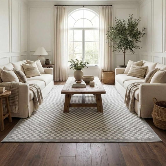 Hauteloom Gaiwan Living Room, Bedroom Machine Washable Area Rug - Square Piles, Checkered - White, Light Gray - 6'7" x 9'