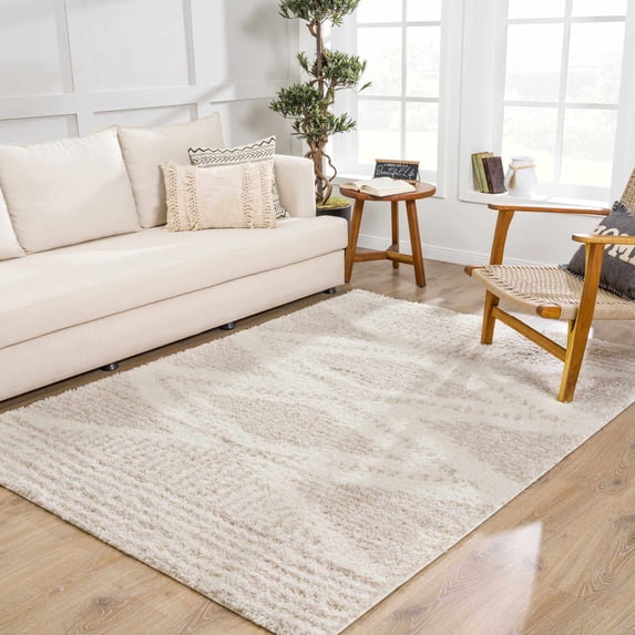 Hauteloom Galaxy Shag Living Room, Bedroom Area Rug - Bohemian, Transitional - Plush Pile - Light Beige, Cream - 5'3" Round