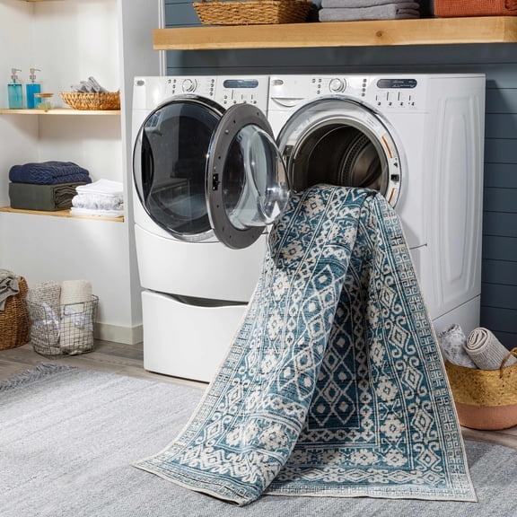 Hauteloom Gandy Living Room, Bedroom Machine Washable Area Rug - Bohemian, Transitional - Teal, Navy, Blue - 6'7" Round