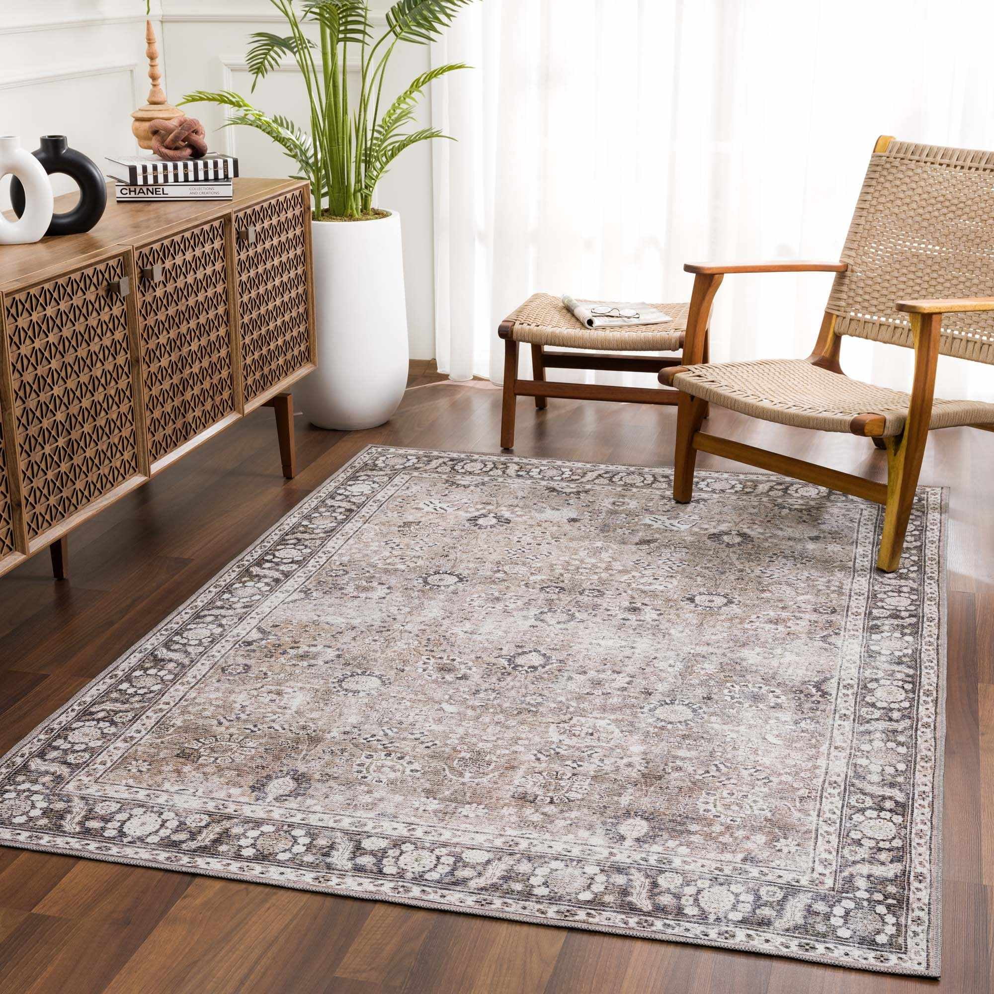 Vintage Distressed Black and Beige Oriental Cotton Chenille Rug 5'3" x 7'3"