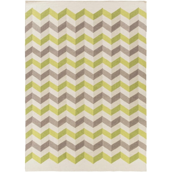 Hauteloom Ricov Wool Living Room, Bedroom Area Rug - Chevron Zig Zag - Contemporary Modern Minimalist - Green, Cream, Gray - 8' x 11'
