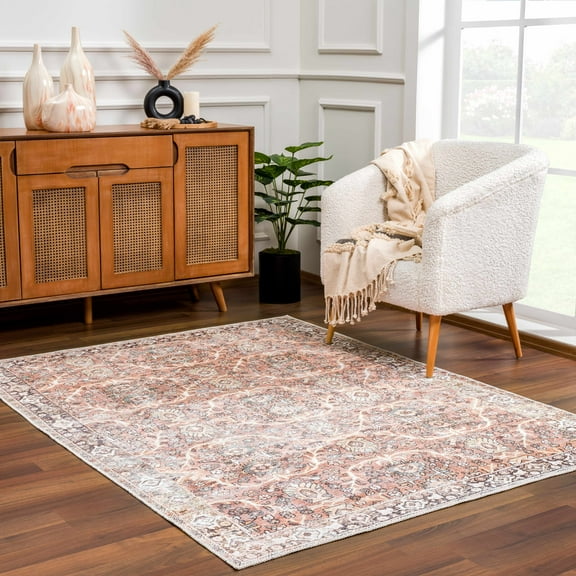 Hauteloom Georgia Bian Machine Washable Area Rug - Oriental Floral Faded Style - Living Room Vintage Distressed Carpet - Pet Friendly - Brick Red, Orange, Terra Cotta - 5'3" x 7'3"