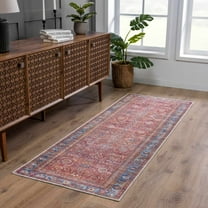 Hauteloom Georgia Bian Machine Washable Kitchen Runner Rug - Oriental Floral Style - Entryway Distressed Long Carpet - Brick Red, Burgundy, Dark Red, Terra Cotta - 2'7" x 10'