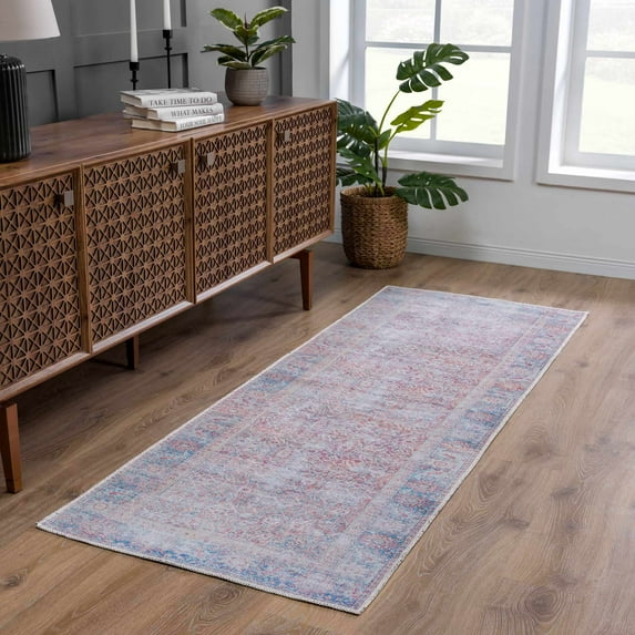 Hauteloom Georgia Collection Dare Machine Washable Runner Rug - Oriental Faded Style - Hallway, Entryway Vintage Distressed Long Carpet - Pet Friendly - Purple, Blue, Grey - 2'7" x 7'3"