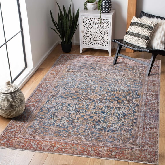 Hauteloom Georgia Collection Mair Machine Washable Area Rug - Oriental Floral Style - Living Room Bedroom Traditional Distressed Carpet - Pet Friendly - Orange, Blue, Yellow, Beige - 6'7" x 9'