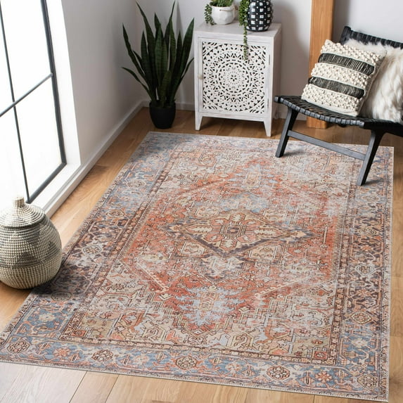 Hauteloom Georgia Eira Machine Washable Area Rug - Oriental Medallion Faded Style - Living Room Vintage Distressed Carpet - Terra Cotta, Brick Red, Brown, Orange, Blue - 7'10" x 10'2"