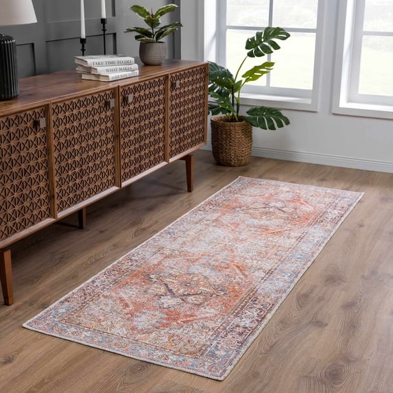 Hauteloom Georgia Eira Machine Washable Kitchen Runner Rug - Medallion Faded Style - Entryway Distressed Long Carpet - Terra Cotta, Brick Red, Brown, Orange, Blue - 2'7" x 7'3"