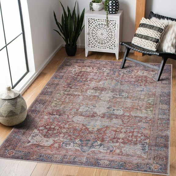 Hauteloom Georgia Elki Machine Washable Area Rug - Oriental Floral Faded Style - Living Room Vintage Distressed Carpet - Pet Friendly - Burgundy, Dark Red, Dark Blue - 9'2" x 12'