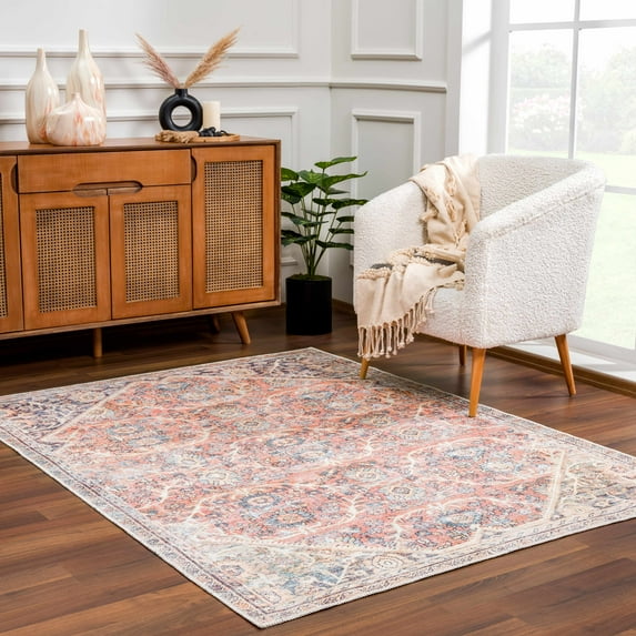 Hauteloom Georgia Konstantina Machine Washable Area Rug - Oriental Floral Style - Living Room Distressed Carpet - Pet Friendly - Rose, Terra Cotta, Brick Red, Blue - 5'3" x 7'3"