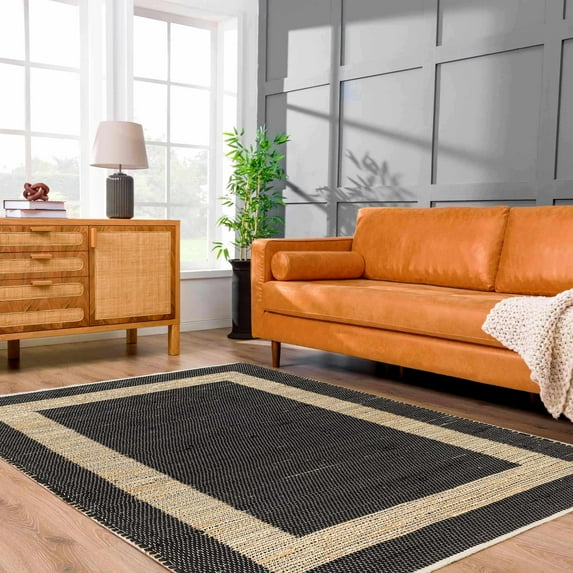 Hauteloom Ghita Natural Fiber Jute Living Room, Bedroom Area Rug - Solid and Bordered - Rattan, Sea Grass Carpet - Black, Brown - 6' x 9'