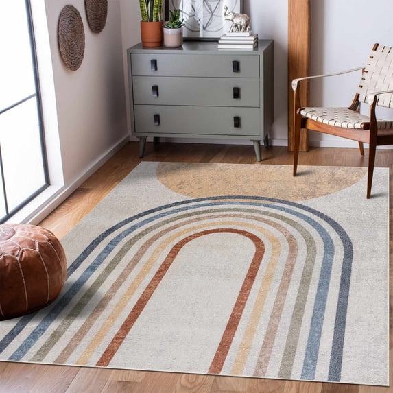 Hauteloom Giza Machine Washable Small Area Rug for Door Mat - Bohemian Vintage Distressed - Rainbow Contemporary Striped Carpet - Colorful, Red, Yellow, Beige - 2' x 3'