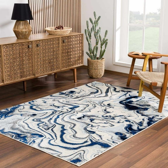 Hauteloom Glendon Living Room, Bedroom Area Rug - Marble Swirl - Blue, Gray, Beige - 5'3" x 7'3"