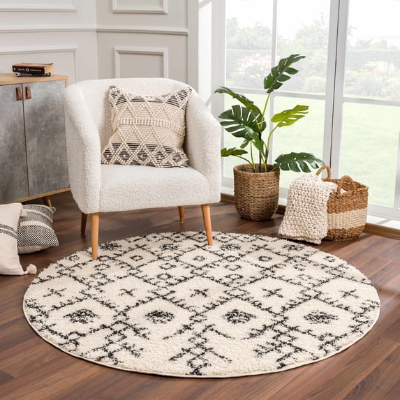 Hauteloom Godalming Living Room, Bedroom Area Rug - Bohemian/Global - Plush Pile - Charcoal, Beige - 5'3" Round