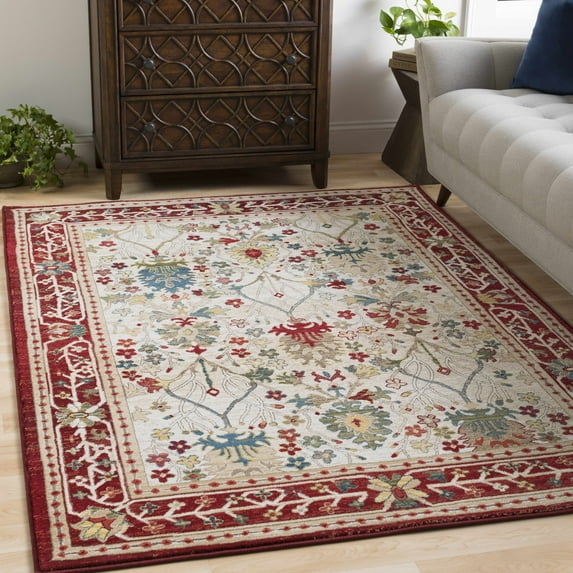 Hauteloom Goff Boho Floral Living Room Bedroom Multicolor Area Rug - Floral - Bohemian Vintage Look - Oriental Turkish Pattern - White, Beige, Yellow, Red - 5'1" x 7'5"