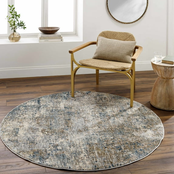 Hauteloom Gorokan Contemporary Abstract Living Room Bedroom Dining Room Area Rug - Modern Distressed Bohemian Carpet - Brown, Cream, Beige, Brown, Gray - 5'3" Round