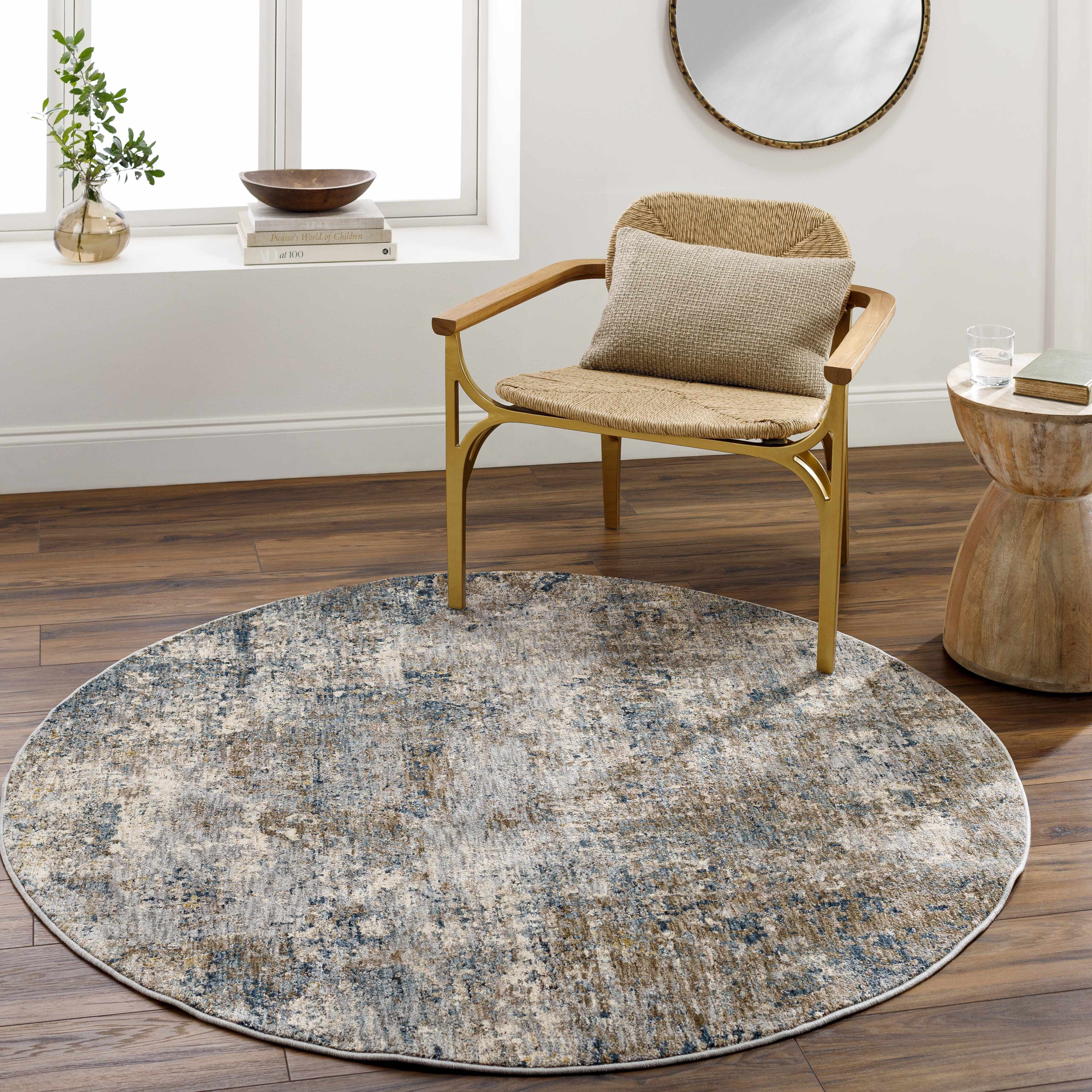 Hauteloom Gorokan Contemporary Abstract Living Room Bedroom Dining Room Area Rug - Modern Distressed Bohemian Carpet - Brown, Cream, Beige, Brown, Gray - 6'7" Round