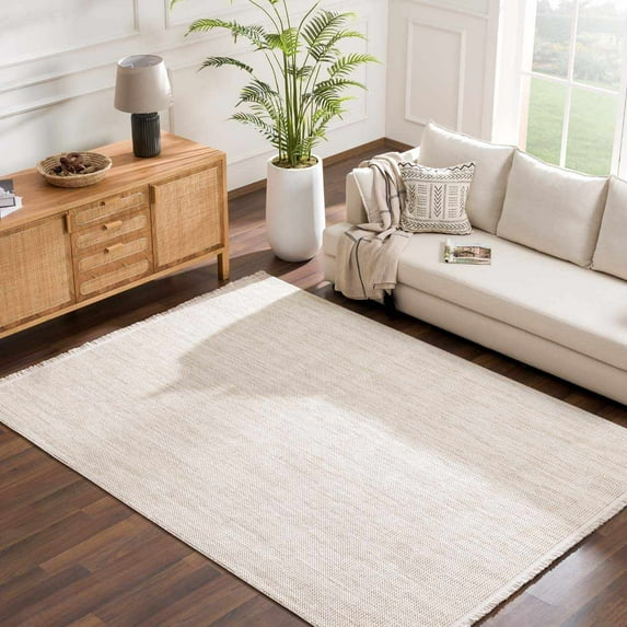 Hauteloom Gowan Living Room, Bedroom Farmhouse Area Rug - Natural Solid - Bohemian Boho Fringe Carpet - Brown, Cream, Beige - 5'2" x 7'