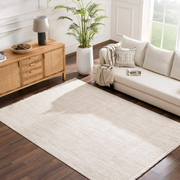 Hauteloom Gowan Living Room, Bedroom Farmhouse Area Rug - Natural Solid - Bohemian Boho Fringe Carpet - Brown, Cream, Beige - 7'9" x 10'